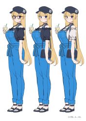 Rule 34 | 1girl, barefoot sandals (jewelry), black headwear, black shirt, blonde hair, blue eyes, blue nails, breasts, cup, dated, disposable cup, from side, glasses, hair behind ear, highres, holding, holding cup, large breasts, lina (michihasu), long hair, looking at viewer, michihasu, nail polish, off-shoulder shirt, off shoulder, original, overalls, shirt, variations, white background, white shirt
