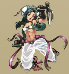 Rule 34 | 1girl, abs, armlet, bandeau, bare shoulders, bladed tonfa, brown eyes, capri pants, dark-skinned female, dark skin, dual wielding, fingerless gloves, flat chest, gloves, green hair, harem outfit, hat, holding, midriff, navel, o-ring, o-ring top, panties, pants, sandals, see-through, simple background, solo, soul calibur, soulcalibur, soulcalibur iv, strapless, syunzou, talim, thigh strap, toned, tonfa, tube top, twintails, underwear, vest, weapon