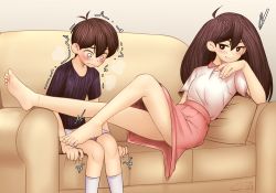 Rule 34 | 1boy, 1girl, bare legs, barefoot, blush, breasts, brother and sister, brown hair, cabronpr, couch, feet, foot tease, highres, legs, long hair, mari (omori), marisol (omori), omori, on couch, pink skirt, polo shirt, seductive smile, shorts, siblings, sitting, skirt, small breasts, smile, soles, sunny (omori), teasing, teenage girl and younger boy, toes, trembling