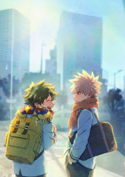 Rule 34 | 2boys, backpack, bag, bakugou katsuki, blazer, blonde hair, blurry, blurry background, blush, boku no hero academia, breath, building, car, city, commentary request, dated commentary, double horizontal stripe, ear blush, embarrassed, facing another, film grain, freckles, from behind, green hair, green pants, hand in pocket, hand up, happy, highres, jacket, leaning forward, long sleeves, looking at another, looking to the side, male focus, midoriya izuku, motor vehicle, multicolored clothes, multicolored scarf, multiple boys, open mouth, orange scarf, outdoors, pants, partial commentary, profile, red eyes, road, scarf, school uniform, scowl, short hair, shoulder bag, slouching, smile, spiked hair, standing, street, striped clothes, striped scarf, tannoci, teeth, textless version, tree, turning head, u.a. school uniform, upper body, upper teeth only, yellow bag
