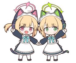 Rule 34 | 2girls, achilles (yosshyachillesd), animal ear headphones, animal ears, apron, black dress, black footwear, blonde hair, blue archive, blush, cat tail, closed mouth, dress, fake animal ears, green eyes, green halo, halo, headphones, highres, long sleeves, looking at viewer, maid, maid apron, maid headdress, midori (blue archive), midori (maid) (blue archive), momoi (blue archive), momoi (maid) (blue archive), multiple girls, official alternate costume, open mouth, pantyhose, pink halo, red eyes, shoes, short hair, siblings, simple background, sisters, smile, tail, twins, white apron, white background, white pantyhose