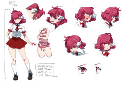 Rule 34 | 1girl, ahoge, blush, breasts, character name, character sheet, english text, expressions, flower, freckles, frilled panties, frills, frown, full body, hair flower, hair ornament, hair over one eye, hairpin, hina (naso4), lingerie, measurements, naso4, necktie, open mouth, original, panties, pantyshot, pink eyes, pink hair, pink panties, pleated skirt, red hair, school uniform, short hair, simple background, skirt, small breasts, socks, solo, standing, tears, underwear, upskirt