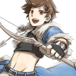 Rule 34 | 1boy, arrow (projectile), black gloves, black shirt, blue cape, blue jacket, bow (weapon), brown eyes, brown hair, cape, commentary request, crop top, fingerless gloves, fur-trimmed cape, fur-trimmed jacket, fur trim, gloves, holding, holding arrow, holding bow (weapon), holding weapon, jacket, looking at viewer, male focus, natsuya (kuttuki), open clothes, open jacket, open mouth, ragnarok online, shirt, short hair, short sleeves, simple background, smile, solo, stalker (ragnarok online), upper body, vambraces, waist cape, weapon, white background