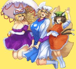Rule 34 | 3girls, :d, absurdres, animal ears, animal hat, arched back, arms up, bare shoulders, blonde hair, blush, breasts, brown hair, cat ears, cat tail, chanta (ayatakaoisii), chen, cleavage, closed eyes, collarbone, collared vest, commentary request, dress, elbow gloves, fang, floating hair, fox tail, frilled dress, frills, full body, gloves, green hat, hands up, happy, hat, hat ribbon, high collar, highres, holding, holding umbrella, jumping, kirara jump, large breasts, long hair, long sleeves, looking at another, midriff peek, mob cap, multiple girls, multiple tails, navel, nekomata, off-shoulder dress, off shoulder, open mouth, orange eyes, parasol, puffy short sleeves, puffy sleeves, purple dress, red eyes, red skirt, red vest, ribbon, shirt, short hair, short sleeves, shorts, simple background, skirt, skirt set, sleeves rolled up, slit pupils, smile, socks, strapless, strapless dress, tabard, tail, touhou, two tails, umbrella, v-shaped eyebrows, v arms, vest, white dress, white gloves, white legwear, white shirt, wide sleeves, yakumo ran, yakumo yukari, yellow background