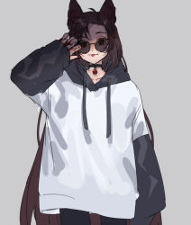 Rule 34 | 1girl, :p, alternate costume, animal ears, bad id, bad twitter id, black choker, black thighhighs, brown hair, casual, choker, collarbone, commentary, contemporary, cowboy shot, fingernails, gem, grey background, grey hoodie, hand up, hood, hoodie, imaizumi kagerou, long hair, long sleeves, looking at viewer, marimo tarou, multicolored clothes, multicolored hoodie, nail polish, one-hour drawing challenge, raised eyebrow, red eyes, red gemstone, red nails, sharp fingernails, simple background, solo, thighhighs, tinted eyewear, tongue, tongue out, touhou, very long hair, white hoodie, wolf ears, wolf girl