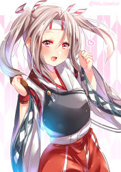 Rule 34 | 1girl, :d, bad id, bad pixiv id, blush, brown eyes, commentary request, flat chest, hair between eyes, hands up, head tilt, heart, juurouta, kantai collection, long hair, long sleeves, looking at viewer, open mouth, pattern request, pink background, silver hair, smile, solo, twitter username, upper body, wide sleeves, zuihou (kancolle)