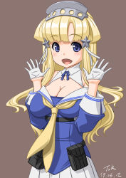 Rule 34 | 1girl, blonde hair, blue eyes, blue shirt, breasts, brown background, cleavage, commentary request, cowboy shot, double bun, fletcher (kancolle), fletcher mk ii (kancolle), gloves, hair bun, hair ornament, hairband, hands up, highres, kantai collection, large breasts, looking at viewer, neckerchief, pleated skirt, sailor collar, school uniform, serafuku, shirt, simple background, skirt, smile, solo, standing, star (symbol), star hair ornament, t2r, white gloves, white sailor collar, white skirt, yellow neckerchief