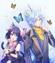 Rule 34 | 1boy, 1girl, animal ears, black hair, blue background, blue butterfly, blue eyes, blue hair, bug, butterfly, cat ears, cat girl, cat tail, closed mouth, cyan (show by rock!!), expressionless, highres, horns, horse ears, horse tail, insect, blue background, looking at another, looking at viewer, mel6969, multicolored background, open mouth, short hair, show by rock!!, single horn, smile, striped, striped background, tail, titan (show by rock!!), unicorn boy, wavy hair, white butterfly, yellow butterfly