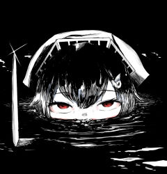 Rule 34 | 1girl, apocalypse now, greyscale, headgear, jingei (kancolle), kantai collection, knife, looking at viewer, monochrome, mouth under water, noba (ne83ko61), partially submerged, red eyes, yandere
