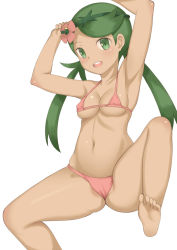 Rule 34 | 1girl, :d, armpits, arms up, barefoot, bikini, breasts, covered erect nipples, creatures (company), dark-skinned female, dark skin, feet, female focus, game freak, green eyes, green hair, looking at viewer, mallow (pokemon), medium breasts, navel, nintendo, open mouth, pink bikini, pokemon, pokemon sm, sideboob, smile, soles, solo, spread legs, swimsuit, toshishikisai, trial captain, twintails, underboob