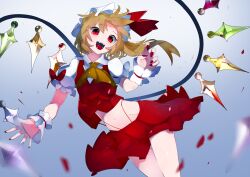 Rule 34 | 1girl, ascot, blonde hair, blue background, bow, buttons, claw pose, collared shirt, cowboy shot, crystal, fangs, fingernails, flandre scarlet, gradient background, groin, hat, head tilt, ikurauni, looking at another, medium hair, midriff, miniskirt, mob cap, multicolored wings, nail polish, navel, one side up, open mouth, puffy sleeves, red bow, red eyes, red nails, red ribbon, red skirt, red vest, ribbon, sharp fingernails, sharp teeth, shirt, simple background, skirt, sleeve bow, sleeve ribbon, solo, teeth, thighs, touhou, vest, white hat, white shirt, wings, wrist cuffs, yellow ascot