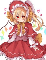 Rule 34 | 1girl, alternate costume, alternate headwear, back bow, blonde hair, blush, bow, bowtie, capelet, closed mouth, cowboy shot, dorowa (drawerslove), flandre scarlet, frilled bonnet, frilled skirt, frills, hair between eyes, heart, highres, lolita fashion, long hair, long shirt, looking at viewer, multicolored wings, one-hour drawing challenge, one side up, red bonnet, red capelet, red eyes, red skirt, shirt, simple background, skirt, solo, striped clothes, striped shirt, touhou, vertical-striped clothes, vertical-striped shirt, white background, white shirt, wings, yellow bow, yellow bowtie