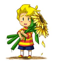 Rule 34 | 1boy, blonde hair, flower, full body, lucas (mother 3), male focus, mother (game), mother 3, nintendo, open mouth, petals, quiff, shirt, shoes, shorts, simple background, smile, sneakers, solo, striped clothes, striped shirt, sunflower, swammi, tears