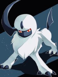 Rule 34 | absol, animal focus, black background, blue background, claws, creatures (company), forehead jewel, game freak, gen 3 pokemon, highres, horns, kou11021301, mane, nintendo, no humans, pokemon, pokemon (creature), red eyes, single horn, solo, tail, two-tone background, white fur
