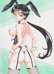 Rule 34 | 1990s (style), 1girl, absurdres, animal ears, ass, bad id, bad pixiv id, bishoujo senshi sailor moon, bishoujo senshi sailor moon sailor stars, black hair, blue eyes, bow, bowtie, breasts, circlet, earrings, fake animal ears, female focus, fishnet thighhighs, fishnets, from behind, garter straps, gradient background, hair tie, highres, jewelry, large breasts, leotard, long hair, nipples, playboy bunny, ponytail, rabbit ears, rabbit tail, rascal (n119), retro artstyle, seiya kou, solo, star (symbol), star earrings, tail, thighhighs, very long hair, wrist cuffs