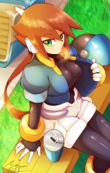 Rule 34 | 1girl, 2018, aile (mega man zx), arm support, bench, blue jacket, bodystocking, bodysuit, bracelet, breasts, brown hair, can, dated, drinking straw, from above, gloves, grass, green eyes, hair between eyes, unworn headwear, helmet, unworn helmet, highres, jacket, jewelry, large breasts, layered sleeves, legs together, long hair, long sleeves, looking to the side, mega man (series), mega man zx, mega man zx advent, pantyhose, pantyhose under shorts, pocket, ponytail, puffy short sleeves, puffy sleeves, robot ears, shiny clothes, short over long sleeves, short sleeves, shorts, shoutaro saito, signature, sitting, solo, spandex, taut clothes, white shorts