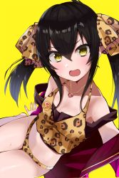 Rule 34 | 1girl, :d, animal print, bad id, bad pixiv id, black hair, blush, breasts, cleavage, collarbone, commentary, gomashi (goma), hair between eyes, heart, heart necklace, highres, idolmaster, idolmaster cinderella girls, jewelry, legs together, leopard print, long hair, looking at viewer, matoba risa, midriff, navel, necklace, open mouth, panties, revision, selfie, sidelocks, simple background, sitting, small breasts, smile, solo, sweatdrop, thighs, twintails, underwear, v-shaped eyebrows, yellow background, yellow eyes