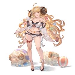 Rule 34 | 1girl, ahoge, alpha transparency, anila (granblue fantasy), anila (summer) (granblue fantasy), bare shoulders, bikini, blonde hair, blunt bangs, blush, breasts, cleavage, detached sleeves, draph, eyebrows, full body, gluteal fold, granblue fantasy, horns, large breasts, layered bikini, long hair, looking at viewer, minaba hideo, navel, official art, open mouth, sheep horns, short eyebrows, smile, solo, standing, swimsuit, transparent background, very long hair, white bikini, yellow eyes