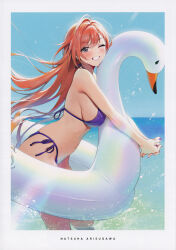 Rule 34 | 1girl, absurdres, ame (uten cancel), arisugawa natsuha, bare arms, bare shoulders, bikini, blue sky, blush, breasts, brown eyes, character name, day, fingernails, from side, highres, holding, idolmaster, idolmaster shiny colors, inflatable toy, innertube, long hair, looking at viewer, medium breasts, nail polish, navel, ocean, one eye closed, outdoors, own hands together, parted lips, red hair, scan, shiny clothes, side-tie bikini bottom, sideboob, simple background, sky, smile, solo, stomach, swim ring, swimsuit, teeth, thighs, water, water drop