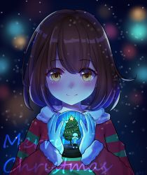Rule 34 | androgynous, blue footwear, blue jacket, blurry, blurry background, blush, brown hair, christmas tree, frisk (undertale), fur trim, gender request, heart, highres, holding, jacket, lamp, long sleeves, looking at viewer, medium hair, merry christmas, passerby b, red sweater, sans (undertale), shirt, shoes, shorts, skull, smile, snow, star (symbol), striped clothes, striped sweater, sweater, undertale