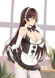 Rule 34 | 1girl, absurdres, apron, bantian yindang, bare shoulders, black bow, black dress, blue eyes, blurry, blurry background, blush, bow, breasts, brown hair, cleavage, closed mouth, collar, commentary request, depth of field, detached collar, dress, elbow gloves, frilled apron, frills, garter straps, gloves, hair between eyes, hair ornament, hairclip, highres, large breasts, long hair, looking at viewer, maid, maid headdress, original, plant, pleated dress, potted plant, sleeveless, sleeveless dress, solo, thighhighs, tongue, tongue out, very long hair, waist apron, white apron, white collar, white gloves, white thighhighs, wing collar