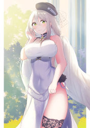 Rule 34 | 1girl, absurdly long hair, absurdres, aquila (azur lane), aquila (green garden elegant sadia) (azur lane), azur lane, bare shoulders, black headwear, breasts, cocktail dress, covered navel, dress, elegant (sumisumi4268), evening gown, green eyes, hair between eyes, highres, large breasts, long hair, looking at viewer, official alternate costume, outdoors, plant, side slit, silver hair, sleeveless, sleeveless dress, smile, solo, standing, thighhighs, thighs, tilted headwear, twintails, very long hair, white dress