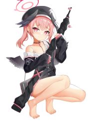 Rule 34 | 1girl, absurdres, bare legs, barefoot, beret, black hat, black jacket, black shirt, black wings, blue archive, blush, buttons, charm (object), commentary request, feet, furrowed brow, gun, halo, hat, head wings, highres, holding, holding weapon, jacket, koharu (blue archive), looking at viewer, miniskirt, off shoulder, pink eyes, pink hair, pink skirt, rifle, sakutaishi, shirt, simple background, skirt, sleeves past wrists, solo, toes, twintails, weapon, white background, winged hat, wings