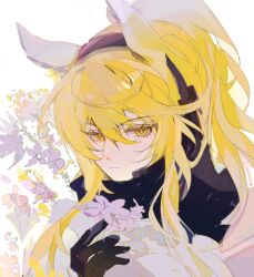 Rule 34 | 1girl, animal ears, arknights, black gloves, black scarf, blonde hair, closed mouth, expressionless, floral background, flower, gloves, hair between eyes, headset, high ponytail, holding, holding flower, horse ears, horse girl, implied extra ears, lillizzy, long hair, looking at viewer, nearl (arknights), ponytail, portrait, scarf, solo, white background, yellow eyes
