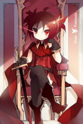 Rule 34 | 1girl, blush, copyright name, gloves, crossed legs, looking at viewer, pixiv fantasia, pixiv fantasia t, red eyes, red hair, saru, short hair, sitting, solo, sword, weapon