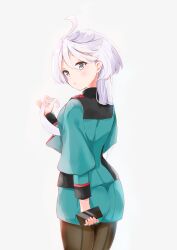 Rule 34 | 1girl, absurdres, blue jacket, blue shorts, blush, brown pantyhose, cellphone, commentary request, from behind, grey background, grey eyes, grey hair, gundam, gundam suisei no majo, hair between eyes, hand up, highres, holding, holding hair, holding phone, jacket, long hair, long sleeves, looking at viewer, looking back, miorine rembran, pantyhose, parted lips, phone, short shorts, shorts, simple background, solo, very long hair, yukaa