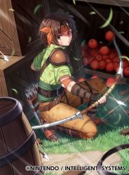 Rule 34 | 1girl, apple, armor, arrow (projectile), belt, bow (weapon), brown eyes, brown hair, commentary, company name, copyright name, fingerless gloves, fire emblem, fire emblem: thracia 776, fire emblem cipher, food, fruit, gloves, grass, headband, holding, holding bow (weapon), holding weapon, kousei horiguchi, nintendo, official art, on one knee, pants, quiver, short hair, short sleeves, shoulder armor, shoulder pads, solo, tanya (fire emblem), weapon, wooden box