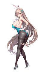 Rule 34 | 1girl, 2v (joyeong), absurdres, animal ears, ass, asuna (blue archive), asuna (bunny) (blue archive), blue archive, blue eyes, blue leotard, breasts, elbow gloves, from behind, gloves, grey hair, hand on own hip, high heels, highres, korean commentary, large breasts, leaning forward, leotard, long hair, looking at viewer, official alternate costume, pantyhose, playboy bunny, rabbit ears, rabbit tail, sagging breasts, seductive smile, sideboob, skindentation, smile, solo, standing, tail, very long hair, white background, white gloves