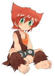 Rule 34 | 1girl, barefoot, blouse, blush, data east, feet, full body, green eyes, hair between eyes, highres, looking at viewer, magical drop, orange shirt, oyatsu (mk2), shirt, short hair, simple background, sitting, soles, solo, strength (magical drop), toes, white background
