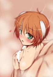 Rule 34 | 1girl, animal ears, green eyes, happy, isabelle du monceau de bergendal, looking at viewer, nude, null (nyanpyoun), orange hair, petite, short hair, showering, strike witches, world witches series