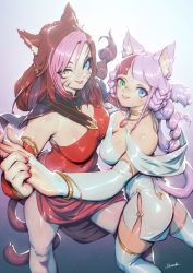 Rule 34 | 2girls, animal ears, blunt bangs, bracelet, breasts, bridal gauntlets, cat ears, cat tail, choker, cleavage, elbow gloves, facial mark, fictional persona, final fantasy, final fantasy xiv, gloves, heterochromia, highres, holding hands, jewelry, kionaoki, long hair, looking at viewer, making-of available, medium breasts, miqo&#039;te, multicolored hair, multiple girls, necklace, pink hair, red hair, sabrith ebonclaw, scar, scar across eye, scar on face, scar on nose, slit pupils, tail, tayelle ebonclaw, thighhighs, two-tone hair, warrior of light (ff14), whisker markings