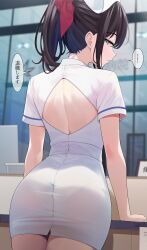 Rule 34 | 1girl, absurdres, ass, back cutout, black hair, closed mouth, clothing cutout, commentary request, from behind, green eyes, hair ornament, hat, highres, long hair, looking at viewer, looking back, nurse, nurse cap, original, panties, ponytail, see-through, short sleeves, solo, speech bubble, translation request, turisasu, underwear, white hat, white panties