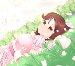 Rule 34 | 1girl, absurdres, artist name, artist request, blush, bow, breasts, brown hair, collarbone, dress, female focus, grass, hair bow, highres, jewelry, long hair, looking at viewer, love live!, love live! school idol festival, love live! sunshine!!, lying on ground, mango trash, medium breasts, necklace, outdoors, parted lips, pearl necklace, petals, pink dress, pink petals, pink scrunchie, polka dot, polka dot scrunchie, puffy short sleeves, puffy sleeves, red hair, sakurauchi riko, scrunchie, short sleeves, smile, solo, white bow, wrist scrunchie