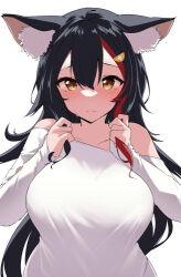 Rule 34 | 1girl, animal ear fluff, animal ears, black hair, blush, breasts, closed mouth, hair between eyes, hololive, large breasts, long hair, long sleeves, looking at viewer, multicolored hair, ookami mio, ookami mio (casual), red hair, shirt, solo, streaked hair, terazip, upper body, virtual youtuber, white shirt, wolf ears, wolf girl, yellow eyes