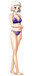 Rule 34 | 1girl, absurdres, bikini, blush, breasts, cleavage, fate/stay night, fate (series), full body, highres, leysritt (fate), looking at viewer, medium breasts, navel, official art, purple bikini, red eyes, solo, striped bikini, striped clothes, swimsuit, takeuchi takashi, transparent background, white hair