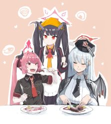 Rule 34 | 3girls, apron, black hair, black necktie, black shirt, blue archive, blush, braid, breasts, closed eyes, closed mouth, collared shirt, eating, food, fork, fuuka (blue archive), grey hair, halo, haruna (blue archive), hat, head scarf, highres, holding, holding fork, holding knife, holding ladle, horns, junko (blue archive), knife, ladle, long hair, long sleeves, medium breasts, multiple girls, necktie, open mouth, peaked cap, plate, red eyes, red necktie, shirt, short sleeves, single braid, single wing, smile, table, teeth, twintails, white shirt, wings, yayuyoron