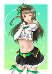 Rule 34 | 10s, 1girl, absurdres, belt, black skirt, brown hair, ccjn, elbow gloves, gloves, green ribbon, hair ornament, hair ribbon, highres, idol, lace, lace-trimmed legwear, lace trim, long hair, looking at viewer, love live!, love live! school idol festival, love live! school idol project, midriff, minami kotori, navel, one eye closed, open mouth, ribbon, skirt, solo, thighhighs, white gloves, yellow eyes