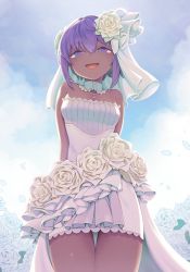 Rule 34 | 1girl, alternate costume, blue sky, bridal veil, choker, cloud, cowboy shot, dark skin, dark-skinned female, dress, fate/prototype, fate/prototype: fragments of blue and silver, fate (series), flower, happy, hassan of serenity (fate), highres, looking at viewer, open mouth, peaceyj, purple eyes, purple hair, rose, short dress, sky, solo, strapless, strapless dress, tearing up, thigh gap, veil, wedding dress, white flower, white rose