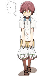 Rule 34 | 1boy, absurdres, bag, blush, bural chingu, full body, grocery bag, han yul, highres, korean text, looking at viewer, luke (dydansgur), male focus, original, polo shirt, red hair, sandals, shopping bag, shorts, simple background, solo, sweat, thought bubble, wavy mouth, white background, yellow eyes