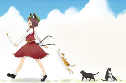 Rule 34 | 1girl, animal ears, bow, brown hair, cat, cat ears, cat tail, cattail, chen, earrings, hat, jewelry, jumping, multiple tails, plant, rin mokkomoko, short hair, skirt, smile, solo, tail, touhou, walking