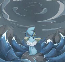 Rule 34 | blue eyes, closed mouth, cloud, creatures (company), fins, fish tail, game freak, gen 1 pokemon, highres, ktbr 2, looking up, nintendo, no humans, pokemon, pokemon (creature), rock, sitting, solo, spikes, tail, vaporeon, water