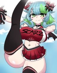 Rule 34 | 1girl, absurdres, black choker, black thighhighs, blue sky, bow, breasts, apricot the lich, cheerleader, choker, cloud, commentary, demon girl, demon horns, demon wings, english commentary, green eyes, green hair, hair bow, hair ornament, highres, horn piercing, horns, large breasts, leg up, looking at viewer, mini wings, miniskirt, multicolored hair, muugumemo, navel, navel piercing, piercing, pointy ears, pom pom (clothes), red shirt, red skirt, scarz, shirt, short hair, short hair with long locks, sidelocks, skirt, sky, smile, star (symbol), star hair ornament, strapless, streaked hair, thighhighs, tube top, virtual youtuber, vshojo, wings