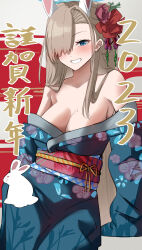 Rule 34 | 1girl, absurdres, alternate costume, animal ears, asuna (blue archive), blue archive, blue kimono, breasts, firework background, fireworks, halo, hand on own chest, highres, japanese clothes, katagirinanoka, kimono, large breasts, light blush, long hair, looking at viewer, no bra, open mouth, rabbit ears, solo, very long hair