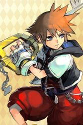 Rule 34 | 1boy, argyle, argyle background, argyle clothes, belt, blue eyes, brown hair, chain, gloves, hood, hungry clicker, jacket, keyblade, kingdom hearts, open mouth, over shoulder, pants, red pants, smile, smirk, sora (kingdom hearts), spiked hair, unzipped, weapon, weapon over shoulder, yellow background, zipper