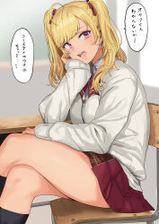 Rule 34 | 1girl, :o, ahoge, black socks, blonde hair, blush, bow, bowtie, cardigan, chair, classroom, commentary request, crossed legs, desk, feet out of frame, grey cardigan, hand on own cheek, hand on own face, head tilt, highres, indoors, kneehighs, long hair, long sleeves, looking at viewer, nijisanji, red bow, red bowtie, red eyes, red skirt, school chair, school desk, school uniform, sitting, skirt, socks, solo, speech bubble, takamiya rion, takamiya rion (6th costume), tan, teeth, translation request, tsurui, twintails, upper teeth only, virtual youtuber