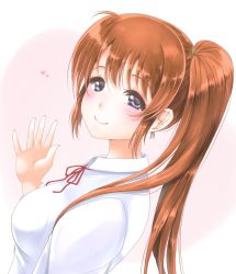 Rule 34 | 1girl, blue eyes, blush, brown hair, character request, frapowa, from side, long hair, looking at viewer, love live!, love live! school idol project, shirt, side ponytail, sidelocks, smile, solo, upper body, waving, white shirt